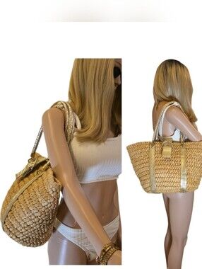 Y2K Straw Woven Vegan Leather Corn Husk Tote Bag Gold Buckle Beach Boho